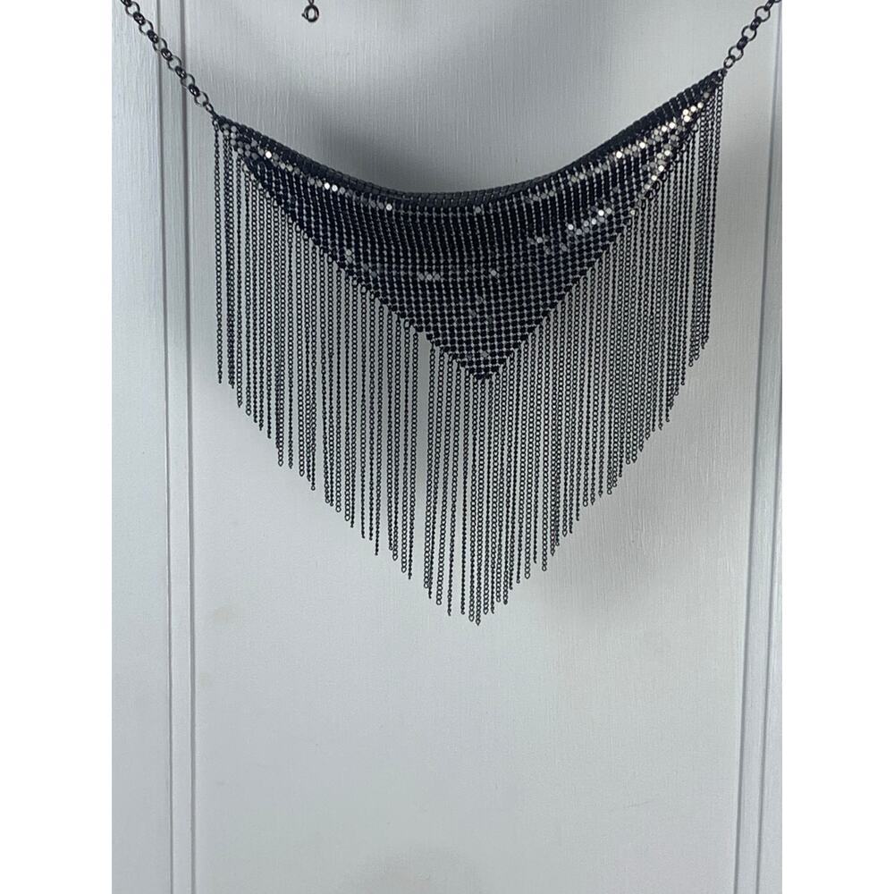 Premier Designs Gunmetal Fringe Bib Necklace Art Deco Statement 30 In